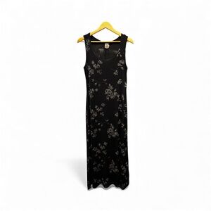 Vintage Knapp Studio Black Maxi Dress | Shimmery Rose Print | Size M | VGUC